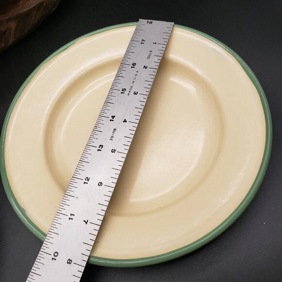 Vintage Kockums Sweden Enamelware Set 3 Bowls & 3 Plates Green Rim Scandinavian - Picture 13 of 15